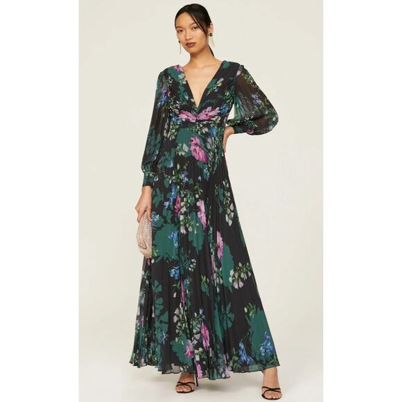 Badgley Mischka Pleated Black Floral Gown Size 4 - Picture 1 of 10